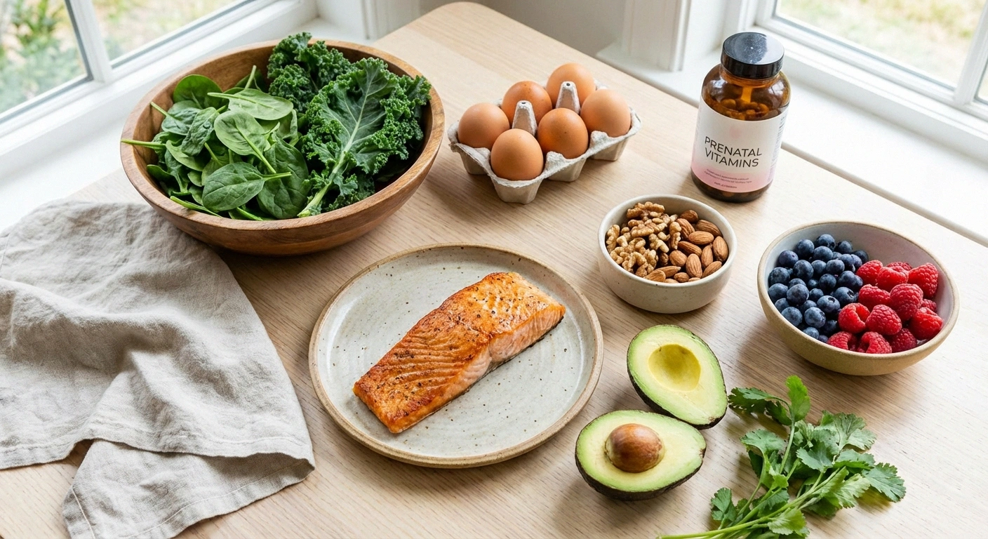 Flat-lay of nerve-healthy foods for pregnancy including leafy greens, salmon, eggs, avocado, and prenatal vitamins