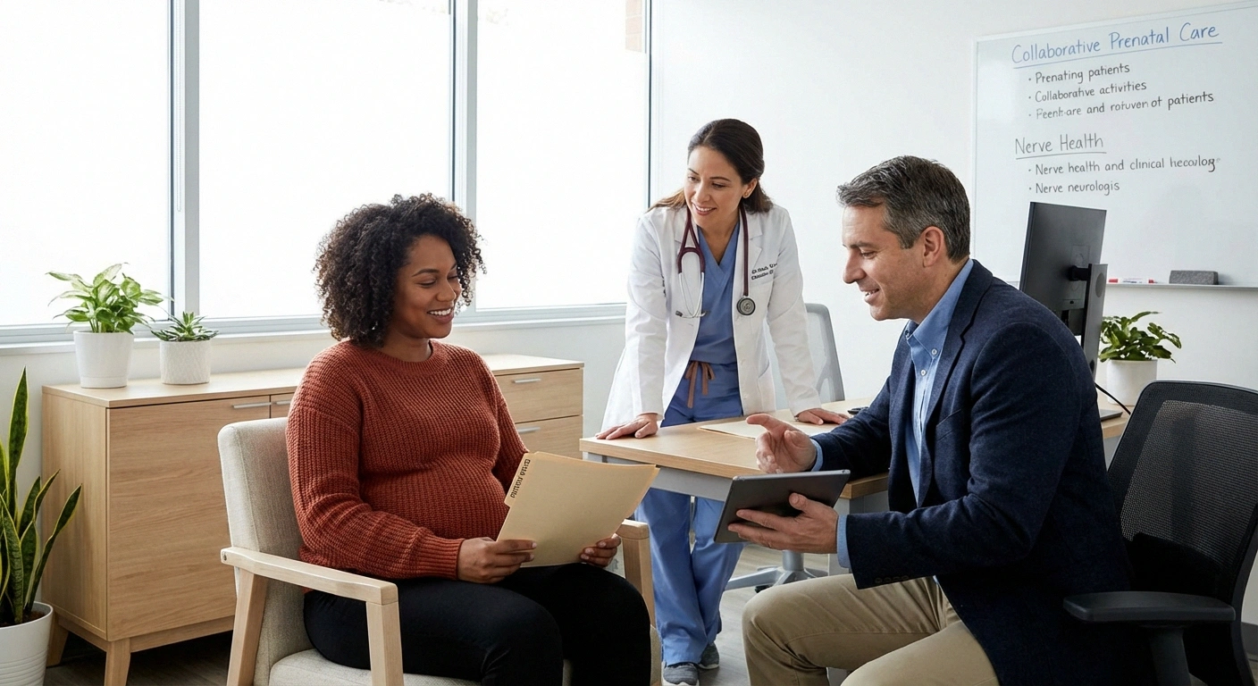 Pregnant woman with pre-existing neuropathy consulting with her OB and neurologist together for specialized prenatal care