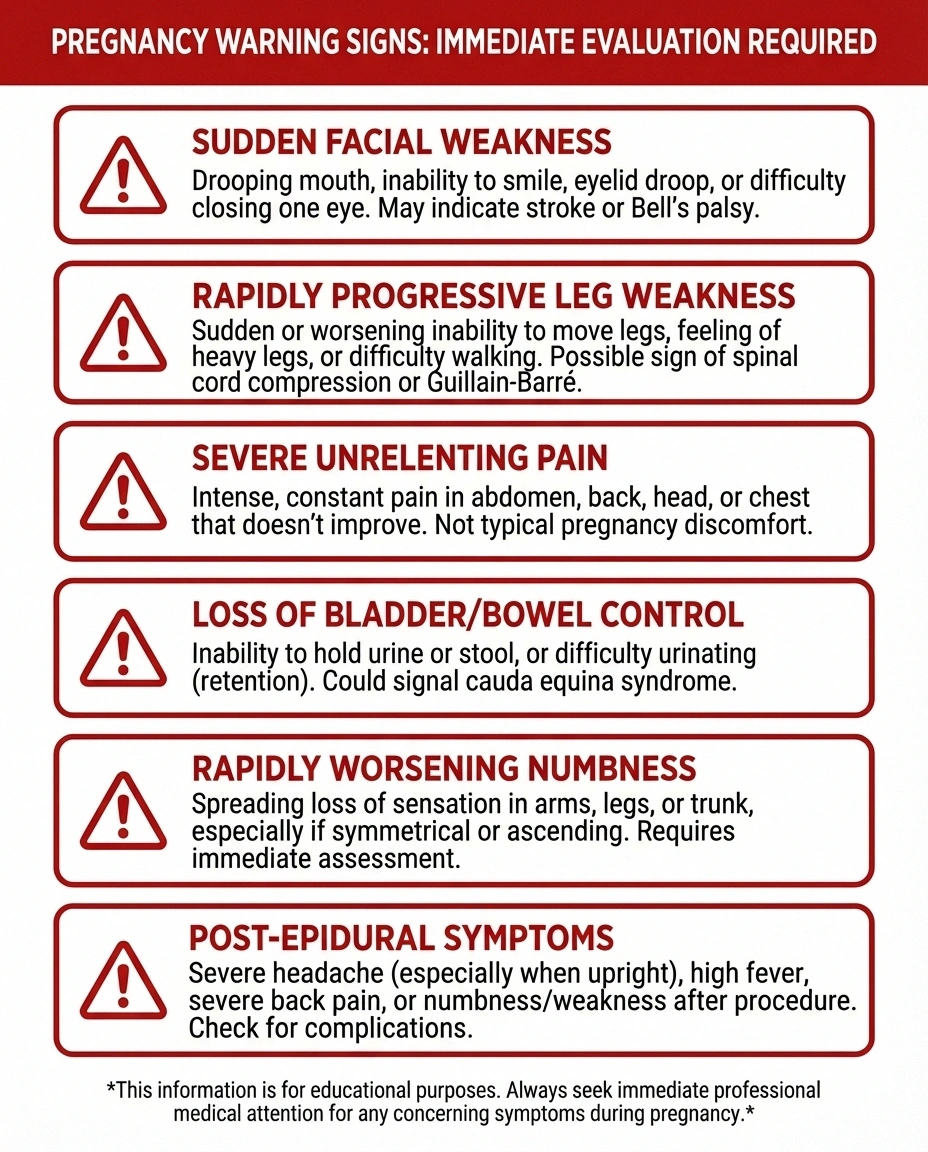 Infographic listing six warning signs during pregnancy that require immediate medical evaluation for neuropathy