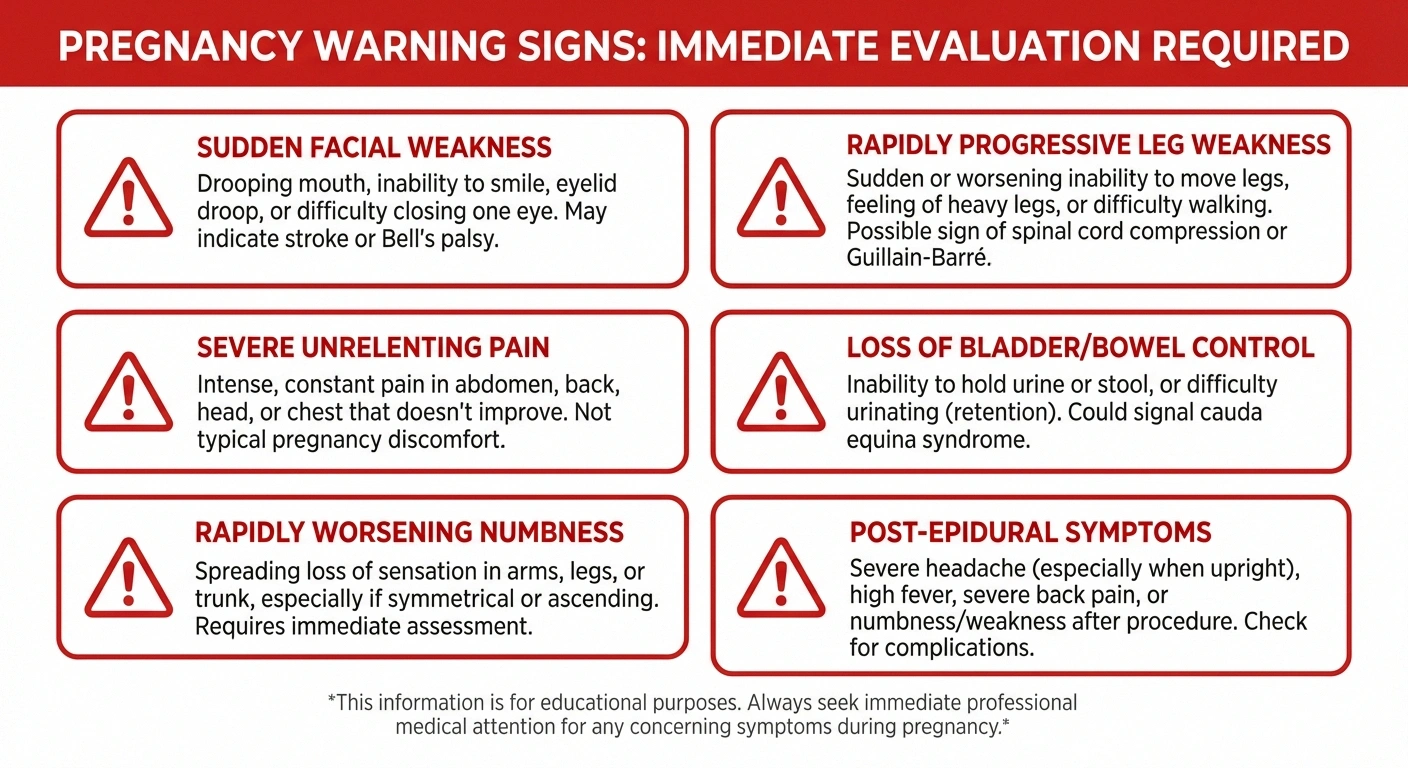 Infographic listing six warning signs during pregnancy that require immediate medical evaluation for neuropathy