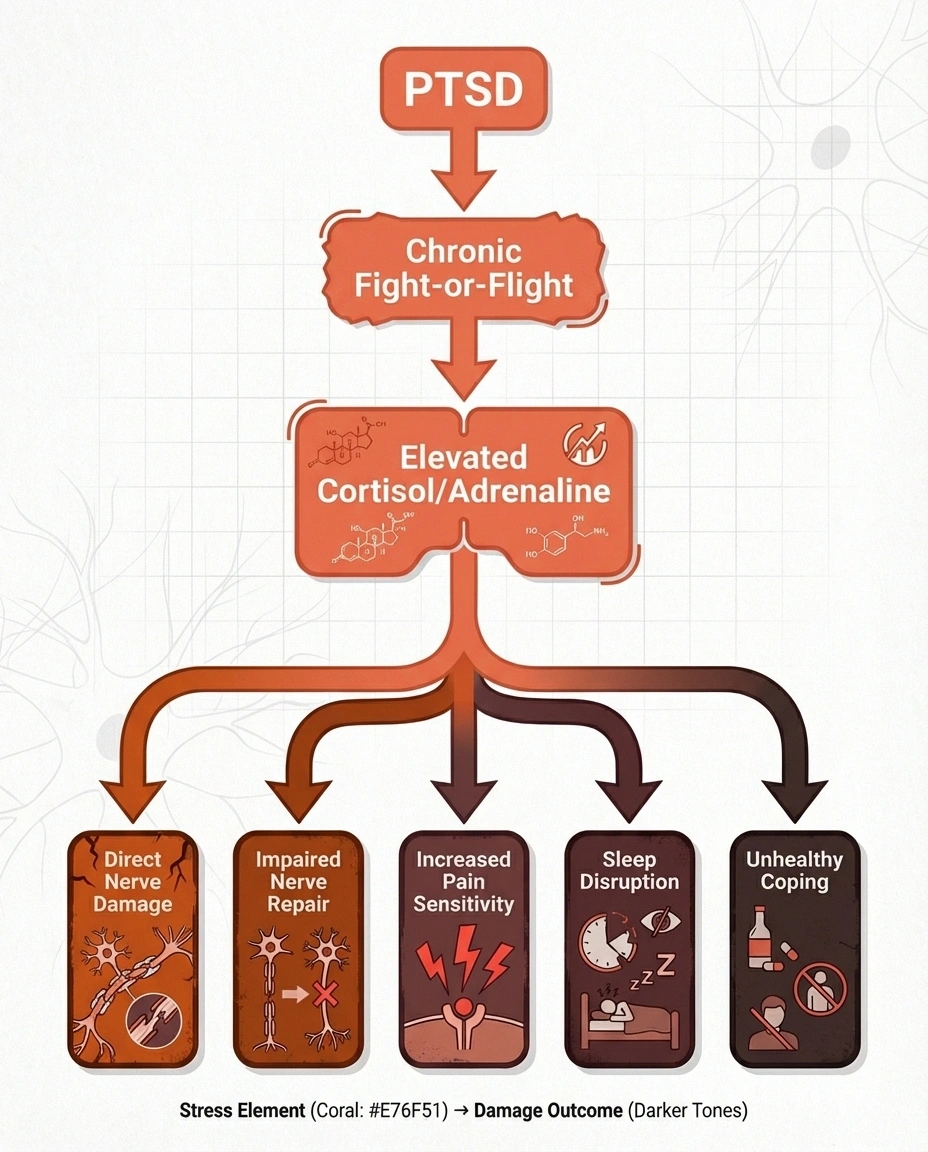 Flow diagram showing how PTSD stress hormones damage peripheral nerves through inflammation and central sensitization