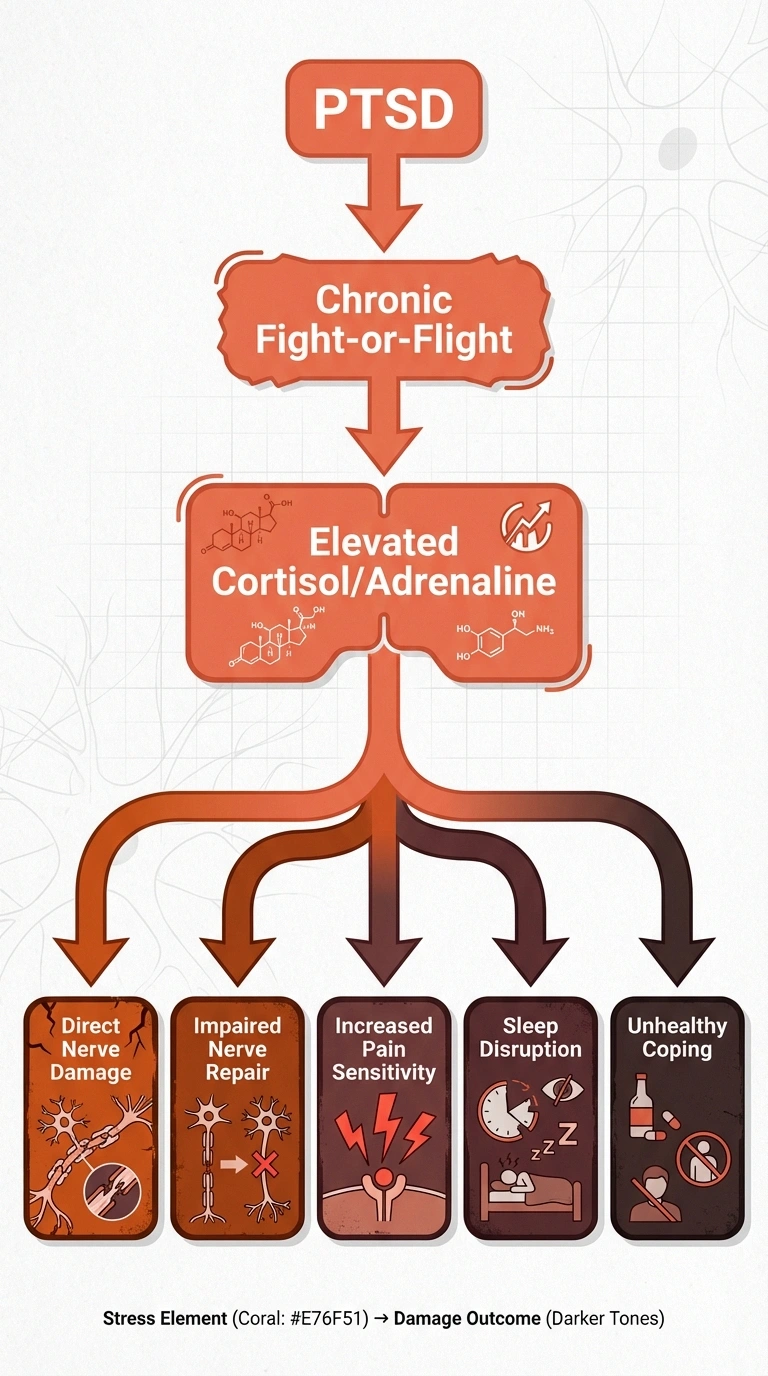 Flow diagram showing how PTSD stress hormones damage peripheral nerves through inflammation and central sensitization