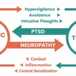 Infographic showing the bidirectional relationship between neuropathy chronic pain and PTSD trauma