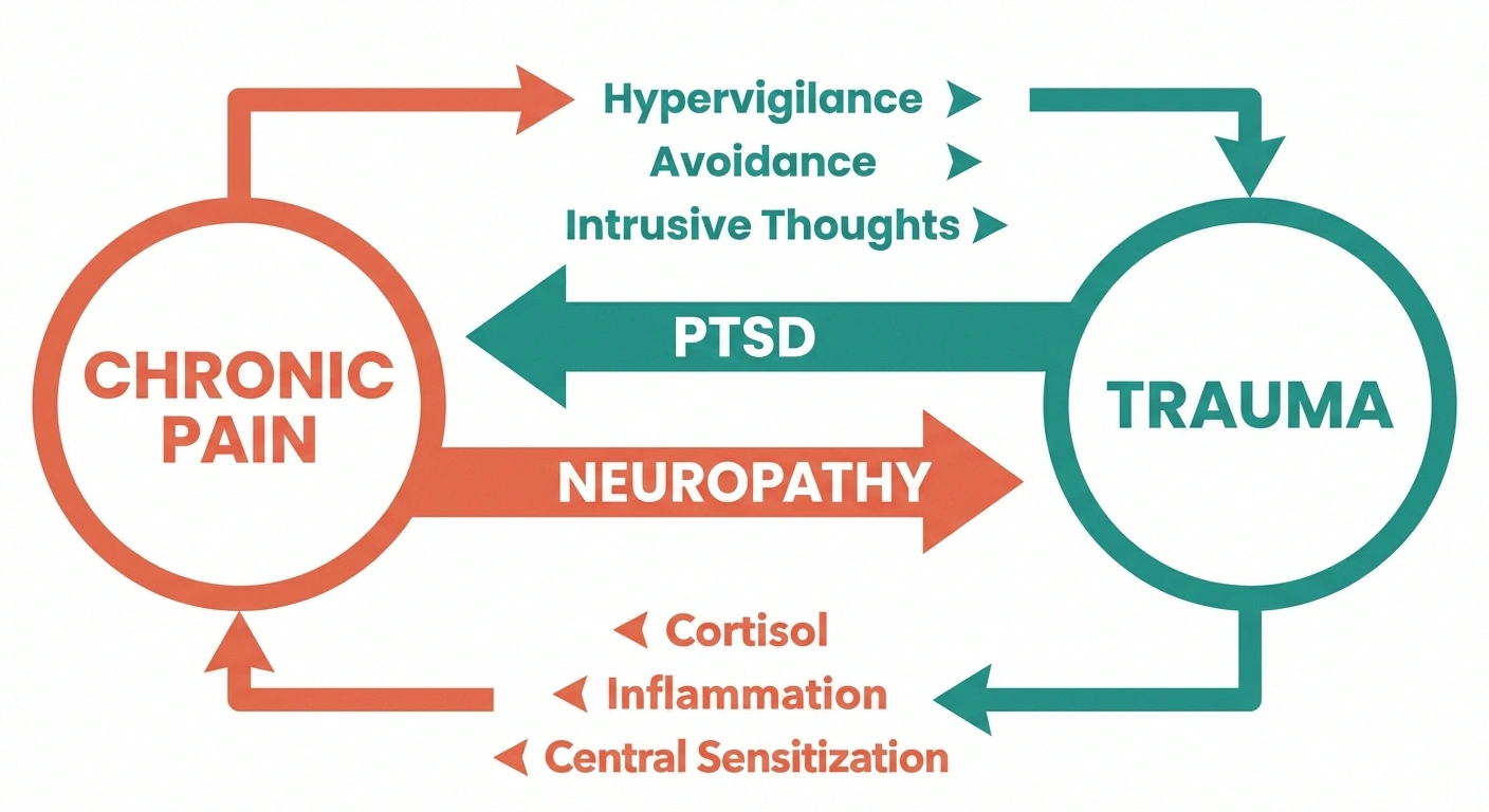 Infographic showing the bidirectional relationship between neuropathy chronic pain and PTSD trauma