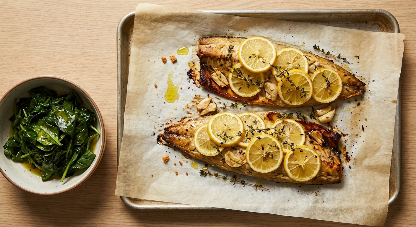 Baked mackerel fillets with lemon and herbs on a sheet pan alongside mixed greens, a simple omega-3-rich dinner recipe for neuropathy nerve health