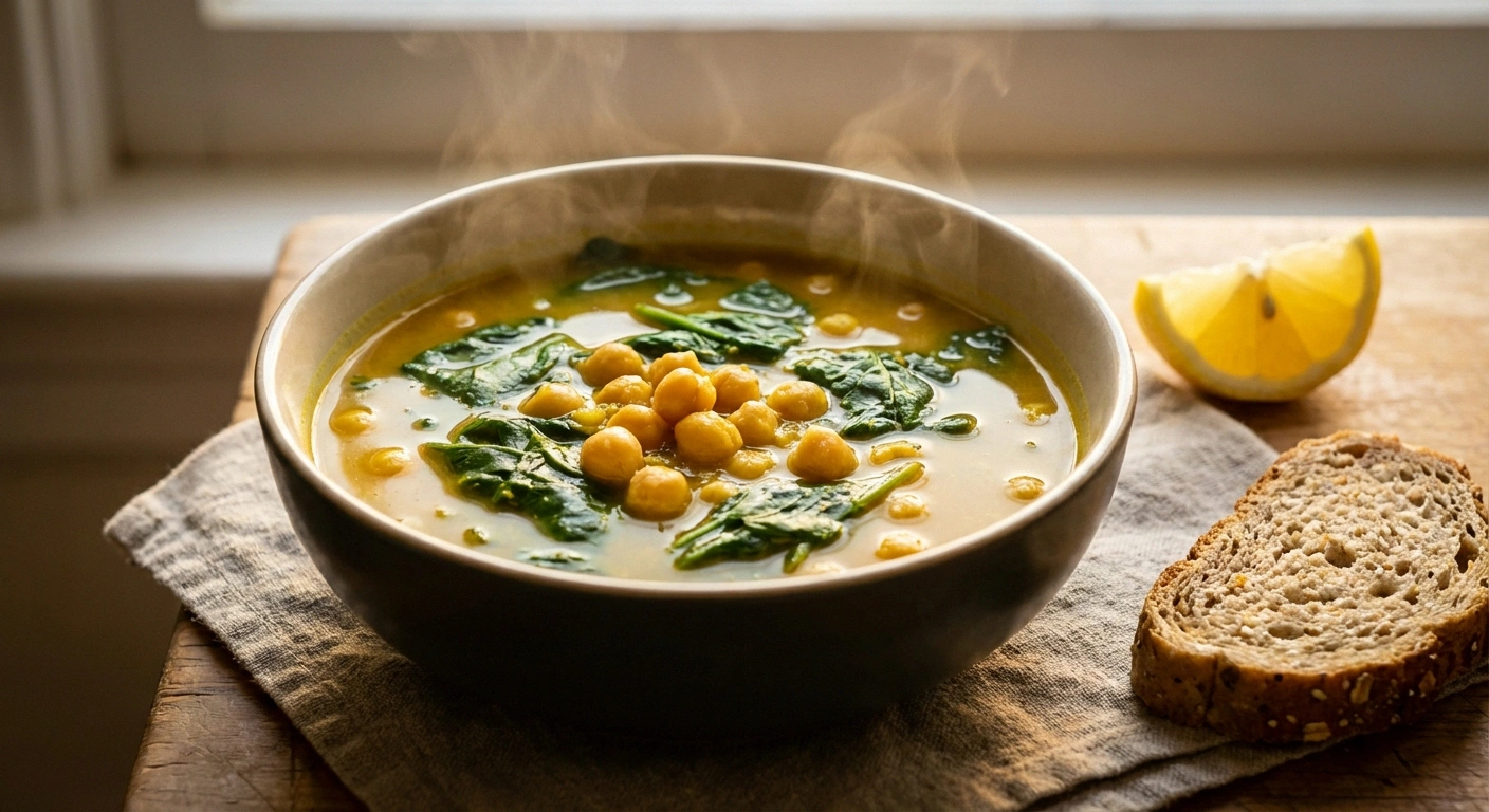 Bowl of golden chickpea and turmeric soup with spinach, a one-pot anti-inflammatory lunch recipe supporting nerve health for neuropathy