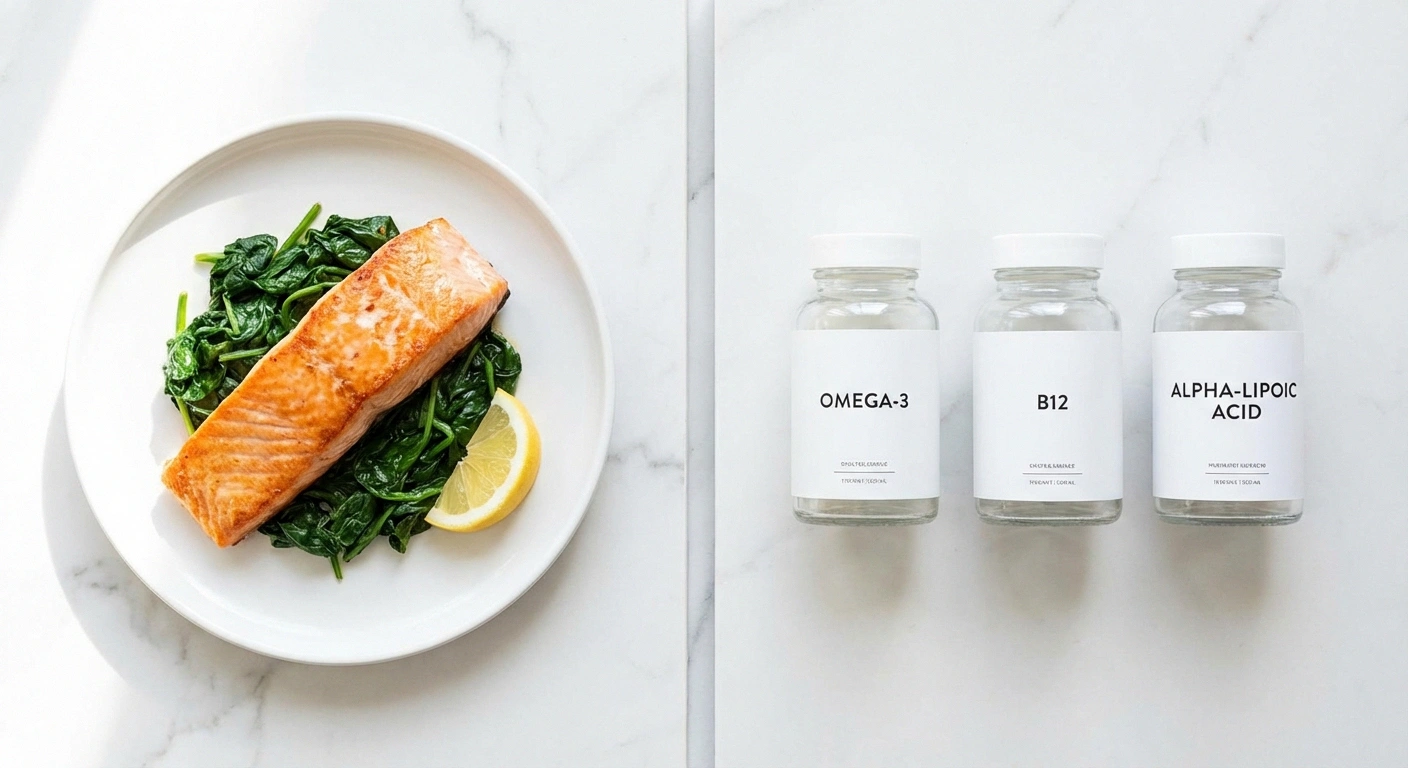 Side-by-side of a salmon and spinach meal versus neuropathy supplement bottles, illustrating the food-first approach to nerve nutrition before relying on supplements