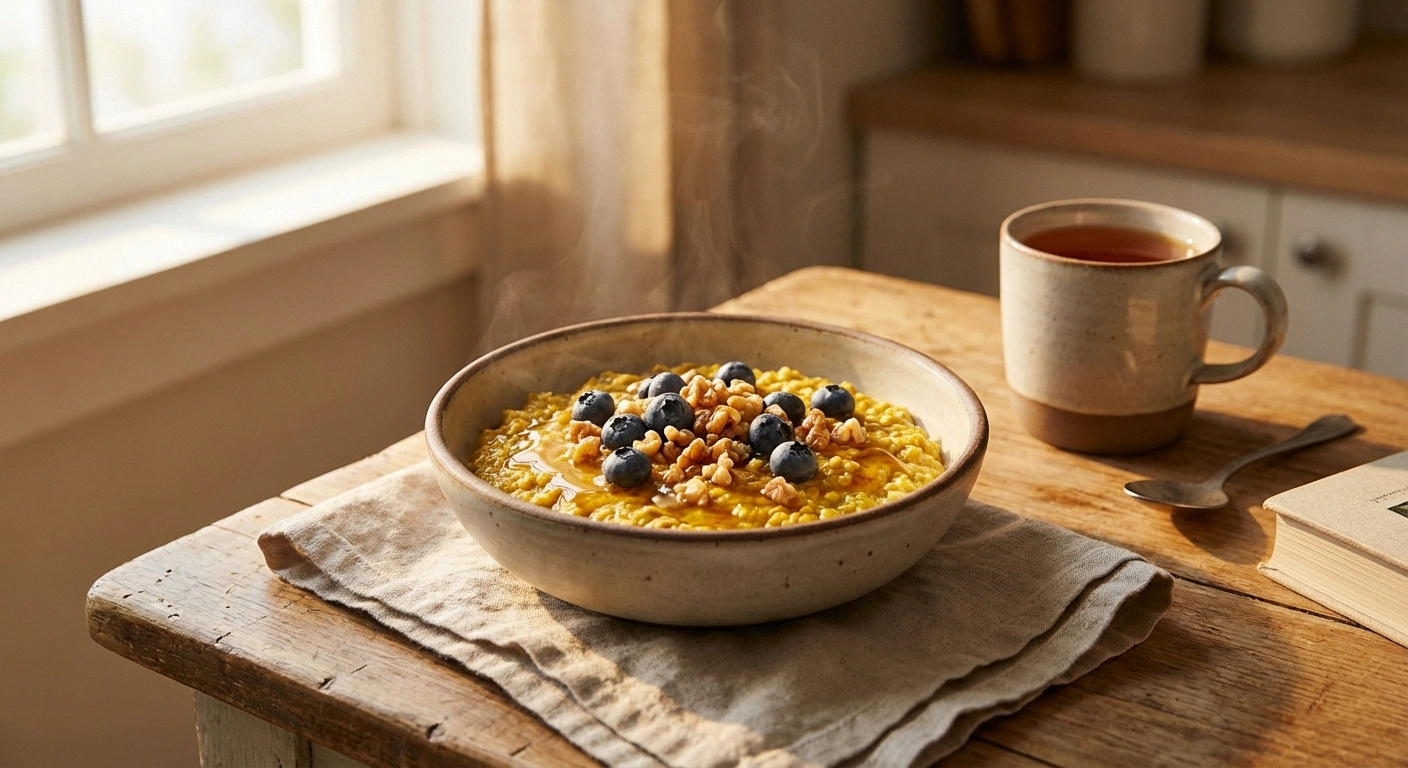 Bowl of anti-inflammatory golden turmeric oatmeal topped with blueberries and walnuts, a nerve-friendly breakfast recipe for neuropathy