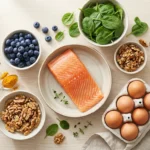 Overhead arrangement of nerve-friendly ingredients including salmon, blueberries, spinach, walnuts, and turmeric for neuropathy-friendly cooking