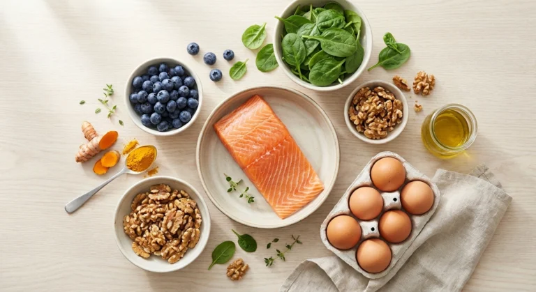 Overhead arrangement of nerve-friendly ingredients including salmon, blueberries, spinach, walnuts, and turmeric for neuropathy-friendly cooking