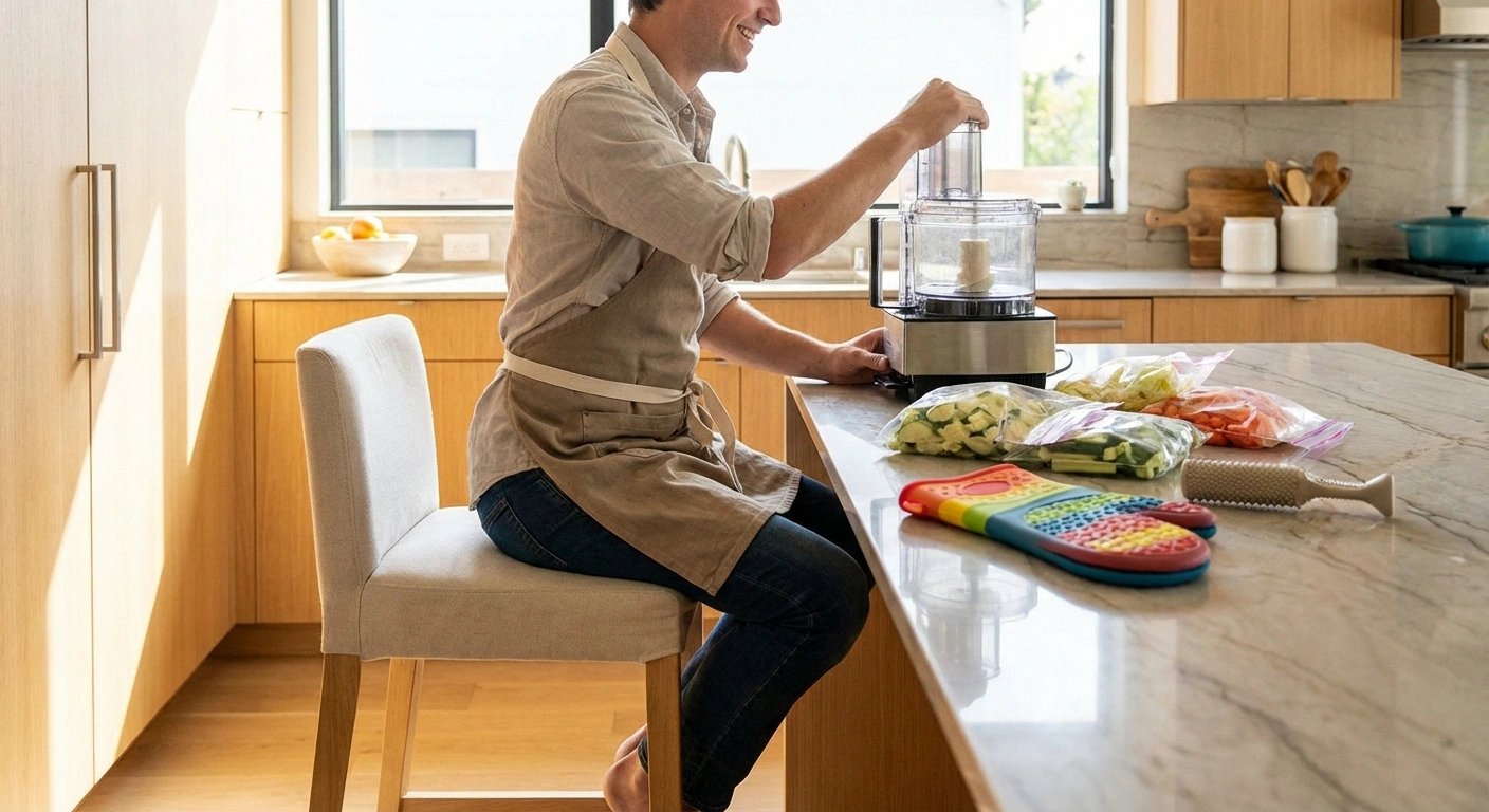 Person comfortably cooking while seated at a kitchen counter, using adaptive tools like a food processor and silicone oven mitts for cooking with neuropathy
