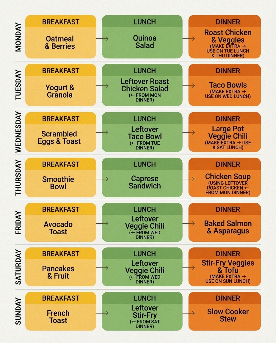 Seven-day nerve-friendly meal plan infographic showing breakfast, lunch, and dinner options using neuropathy-friendly recipes with batch cooking strategies