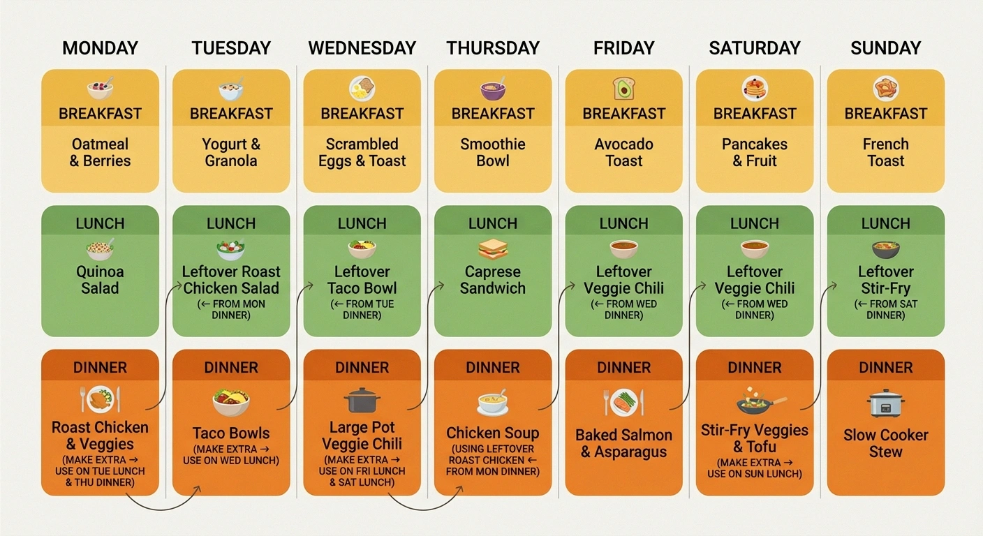Seven-day nerve-friendly meal plan infographic showing breakfast, lunch, and dinner options using neuropathy-friendly recipes with batch cooking strategies