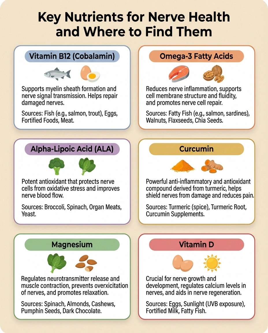 Infographic showing six key nutrients for nerve health including B12, omega-3s, magnesium, alpha-lipoic acid, curcumin, and vitamin D with their food sources