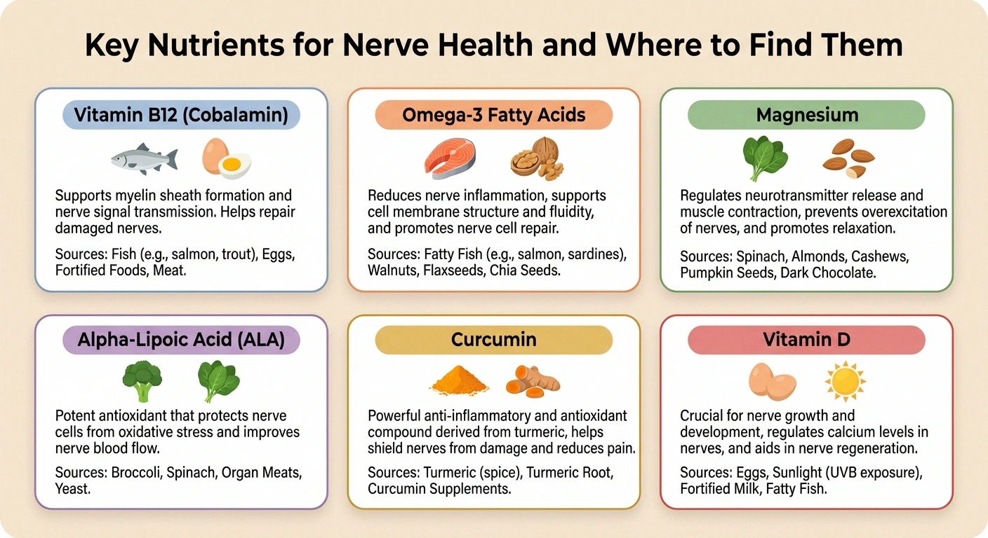 Infographic showing six key nutrients for nerve health including B12, omega-3s, magnesium, alpha-lipoic acid, curcumin, and vitamin D with their food sources
