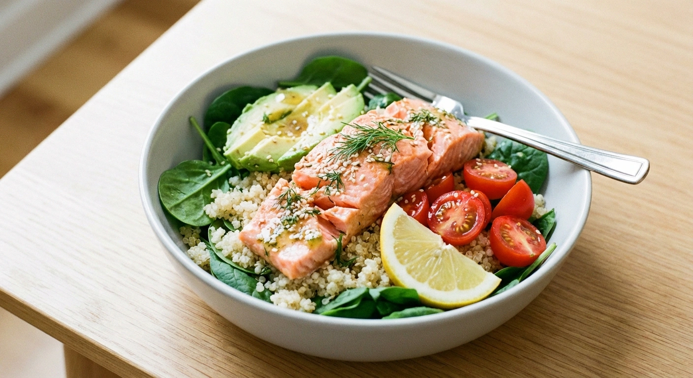 Salmon and spinach power bowl with quinoa, avocado, and cherry tomatoes — an omega-3 rich lunch recipe for neuropathy nerve health