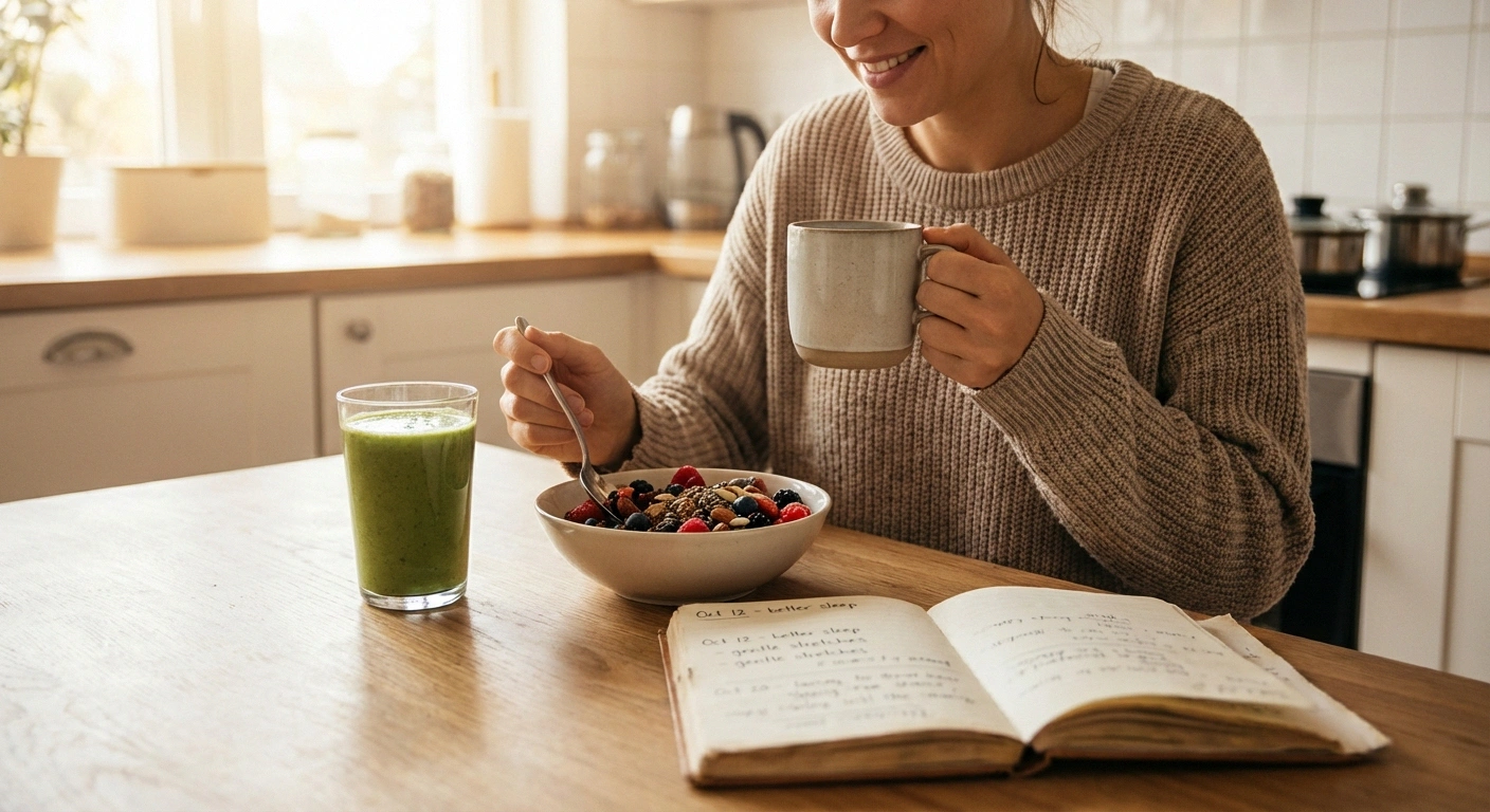 Person enjoying a simple neuropathy-friendly meal at their kitchen table with a symptom journal nearby, representing the power of small consistent dietary changes for nerve health