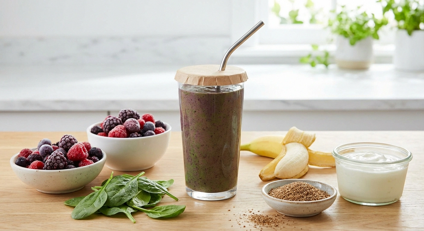 Nerve-support smoothie made with berries, spinach, flaxseed, and Greek yogurt surrounded by fresh ingredients for neuropathy nutrition