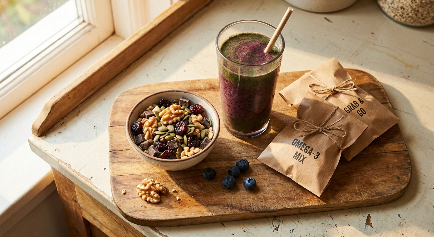 Neuropathy-friendly snack spread featuring omega-3 trail mix with walnuts and dark chocolate alongside a nerve-support smoothie, showing practical portable snack options