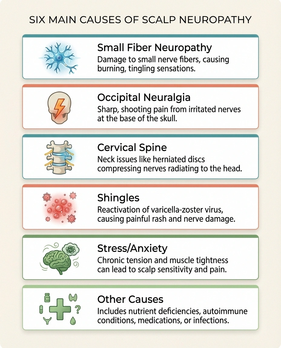 Six main causes of scalp neuropathy including small fiber neuropathy occipital neuralgia cervical spine issues and shingles