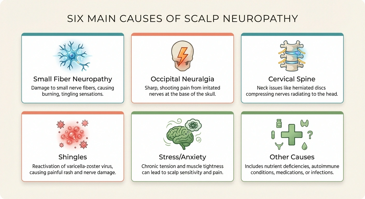 Six main causes of scalp neuropathy including small fiber neuropathy occipital neuralgia cervical spine issues and shingles