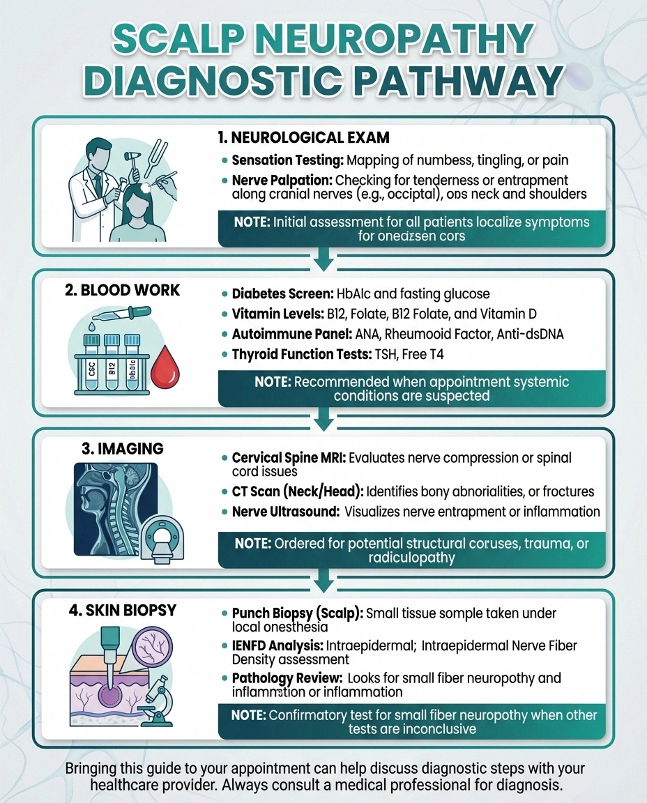 Diagnostic pathway infographic for scalp neuropathy showing neurological exam blood work imaging and skin biopsy tests