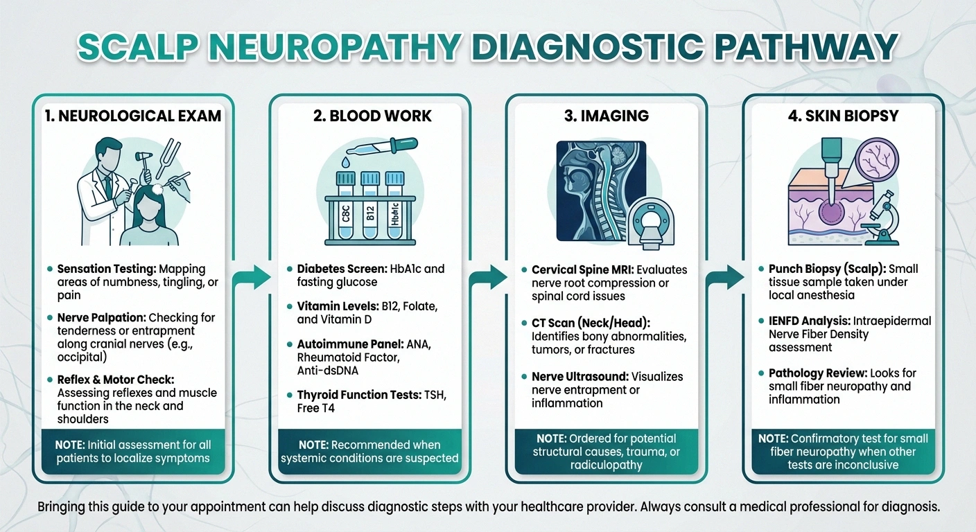 Diagnostic pathway infographic for scalp neuropathy showing neurological exam blood work imaging and skin biopsy tests