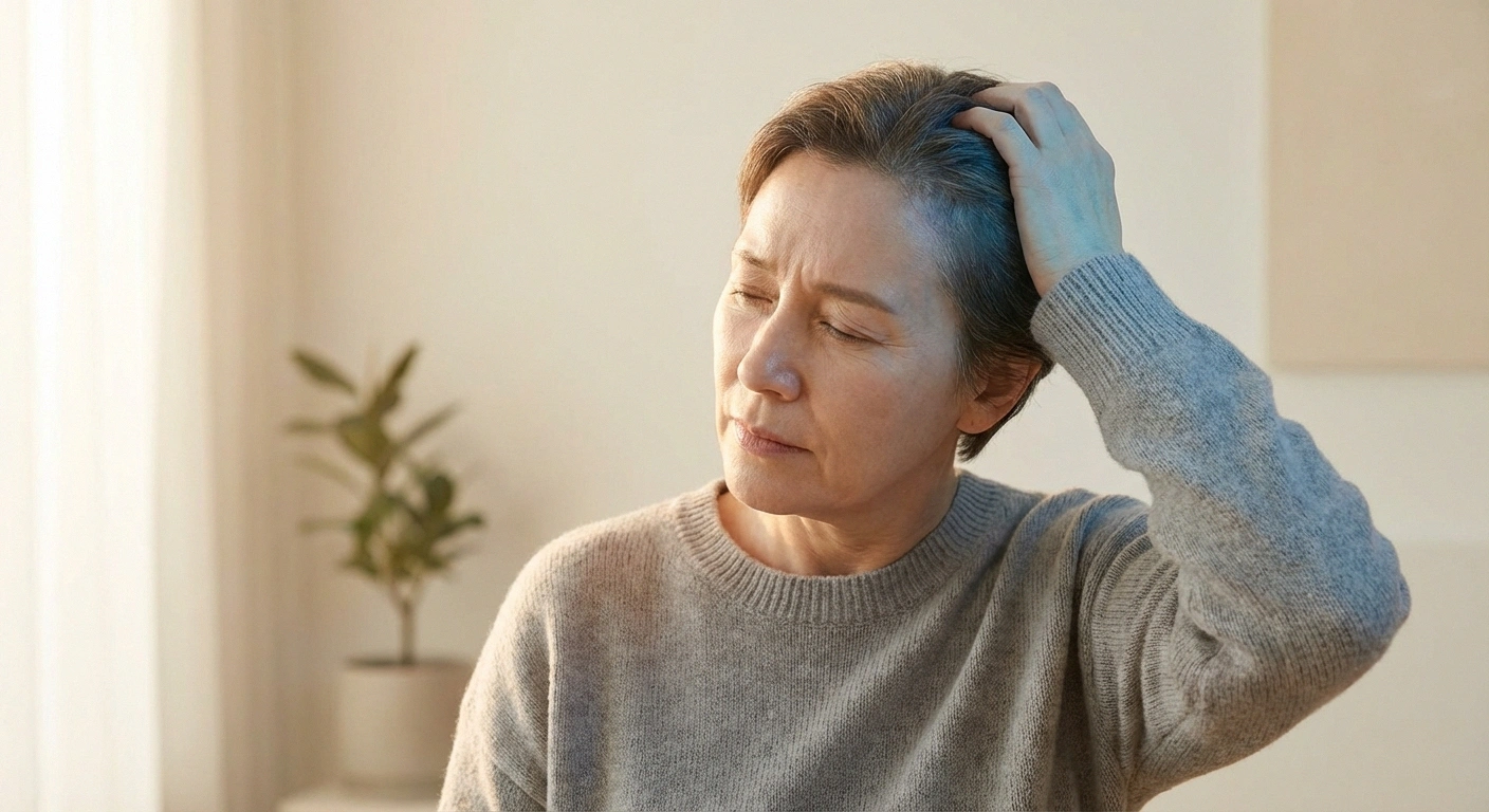 Person touching back of head experiencing scalp tingling and burning neuropathy symptoms