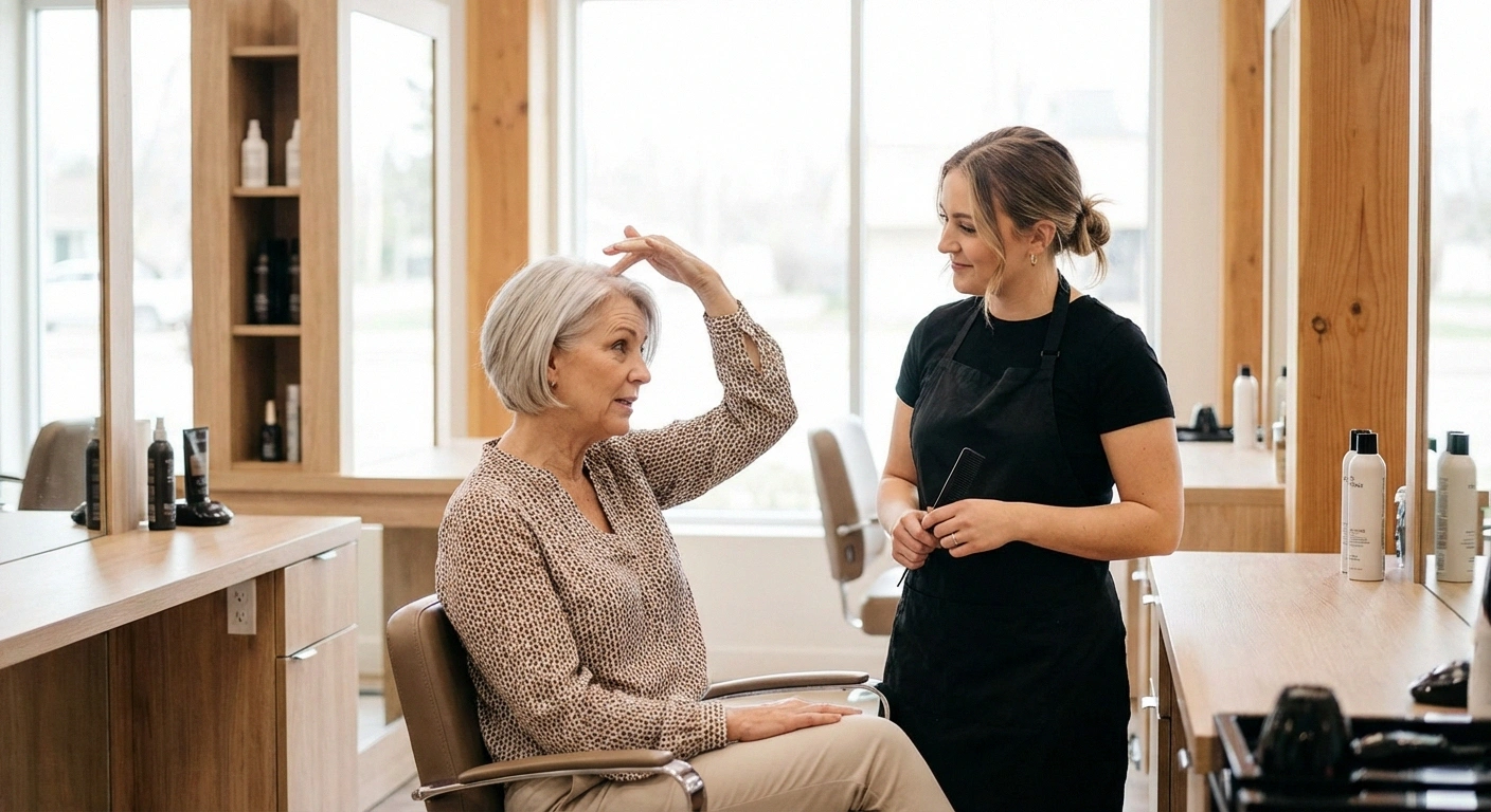 Person talking to hairdresser about scalp neuropathy sensitivity at modern hair salon