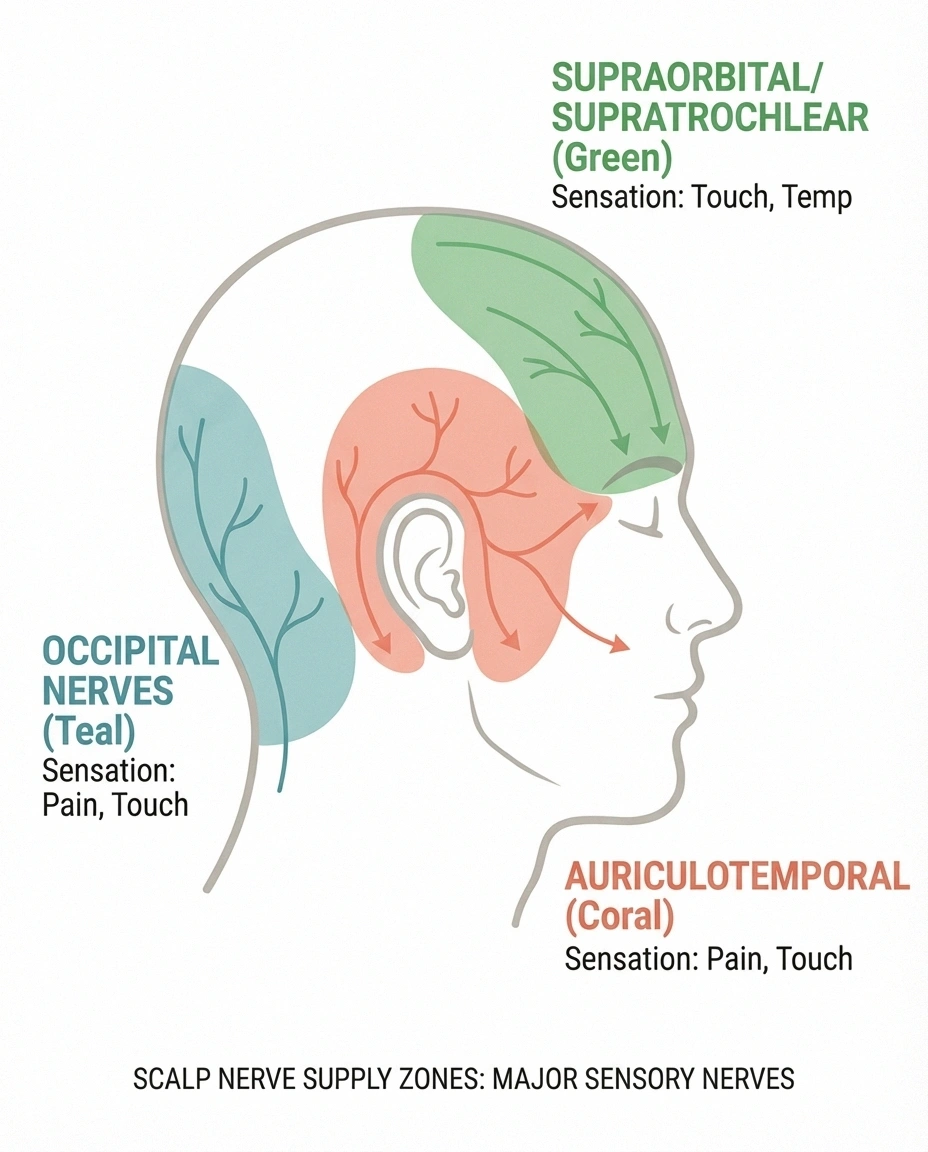 Anatomical diagram showing three major nerve zones of the scalp including occipital supraorbital and auriculotemporal nerves