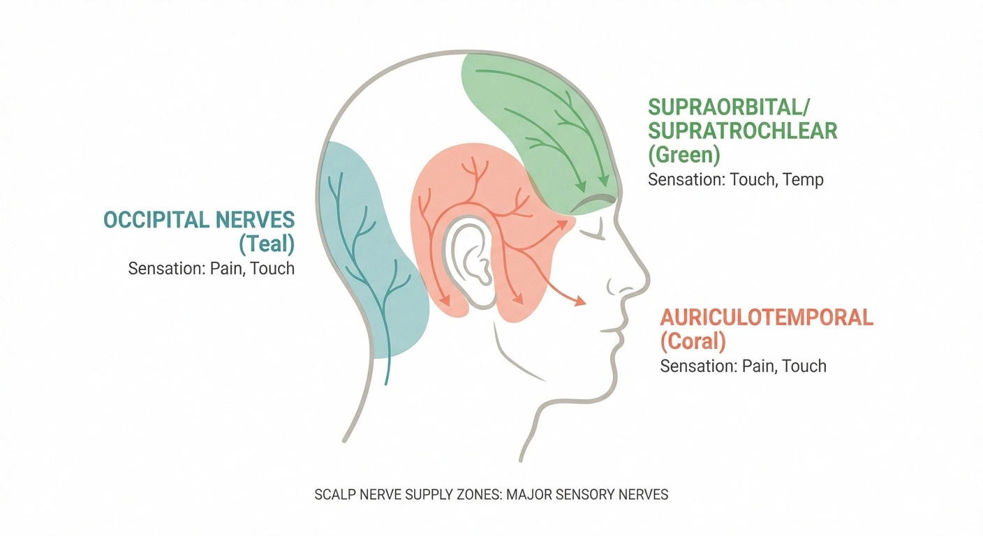 Anatomical diagram showing three major nerve zones of the scalp including occipital supraorbital and auriculotemporal nerves