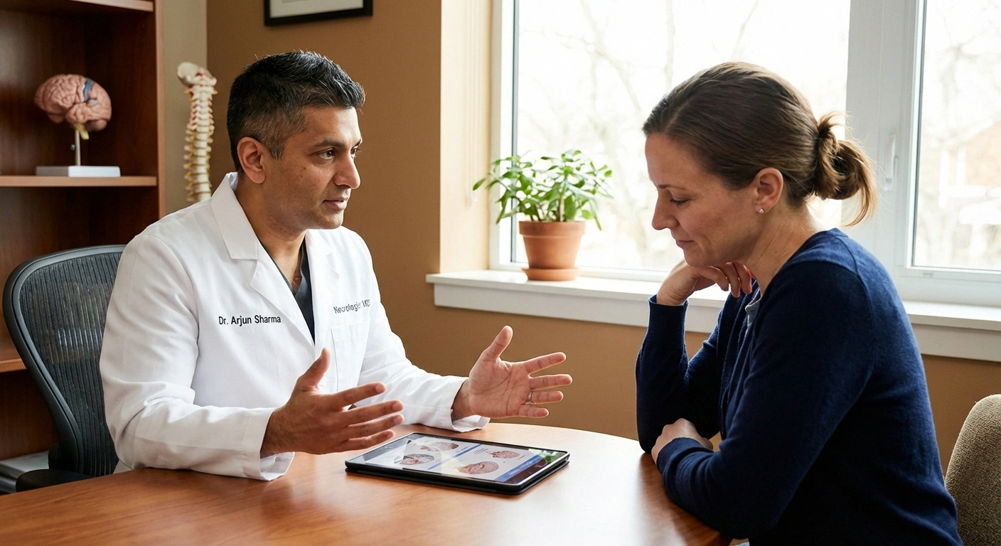 Neurologist reassuring patient about scalp neuropathy symptoms during consultation