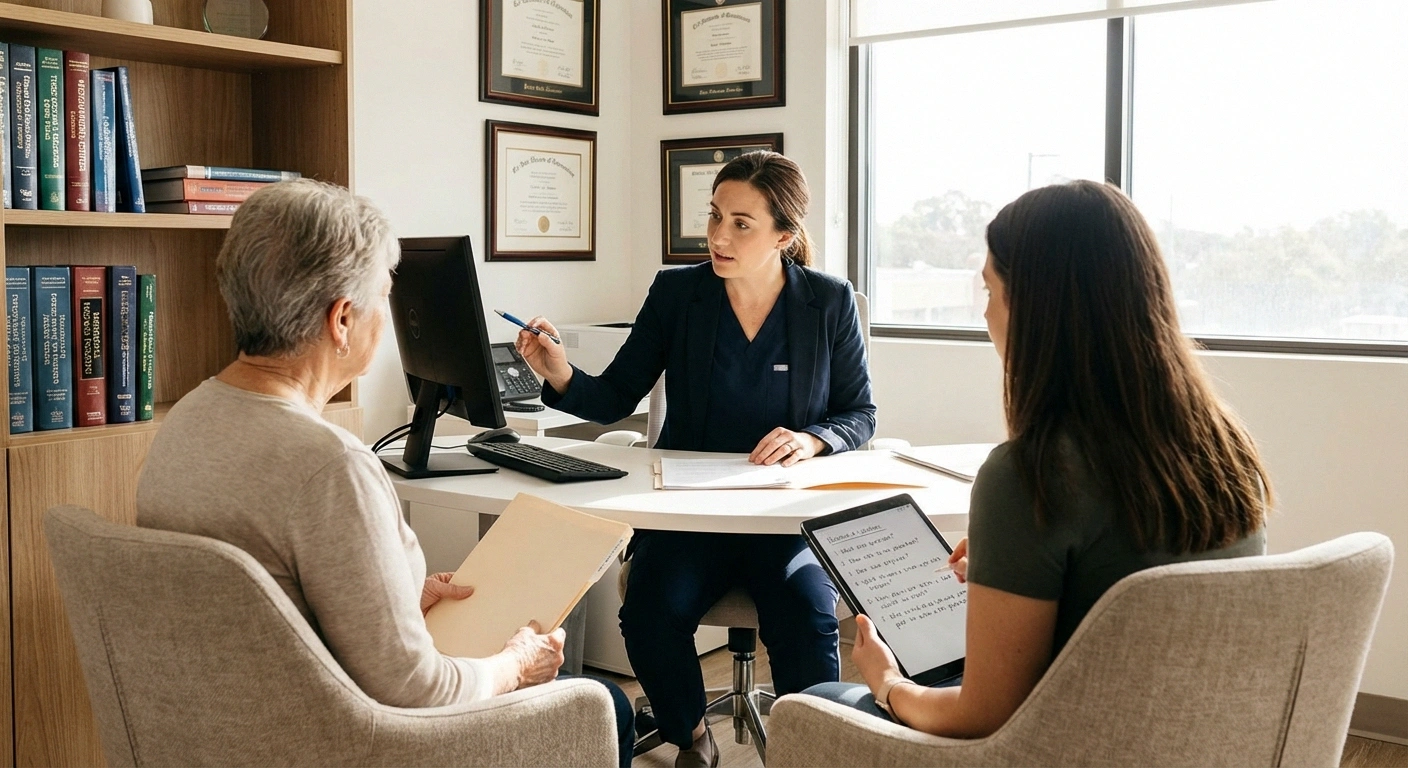 Neuromuscular specialist reviewing medical records with a neuropathy patient and family member during second opinion consultation