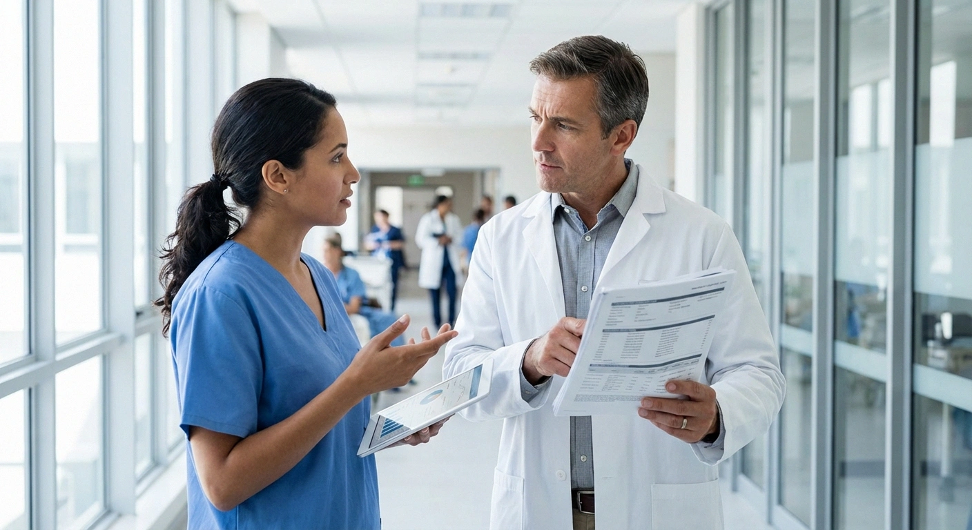 Two medical professionals reviewing neuropathy patient records and discussing different diagnostic perspectives