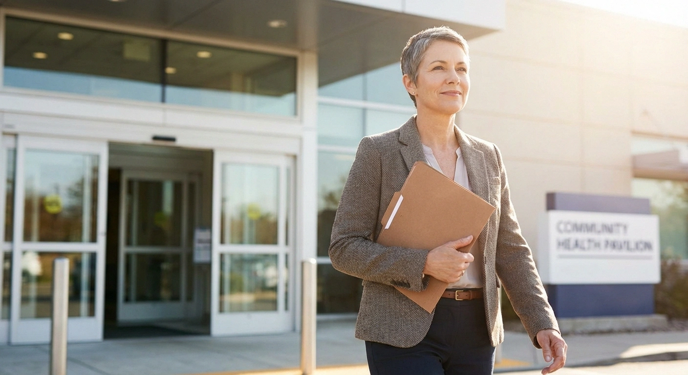 Confident person leaving a medical center after a neuropathy second opinion consultation carrying medical documents
