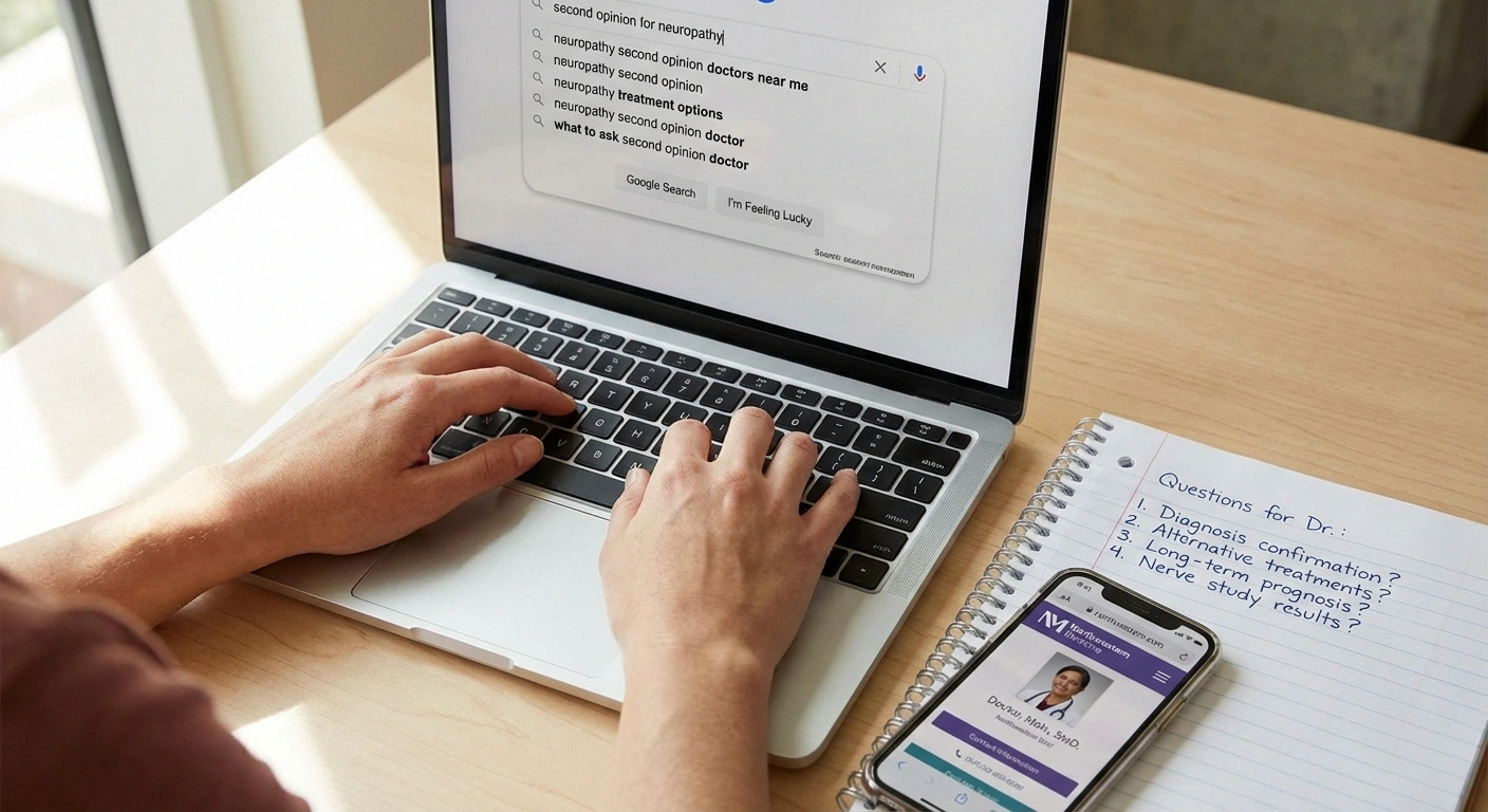 Person researching neuropathy second opinion questions on a laptop with handwritten question list beside them