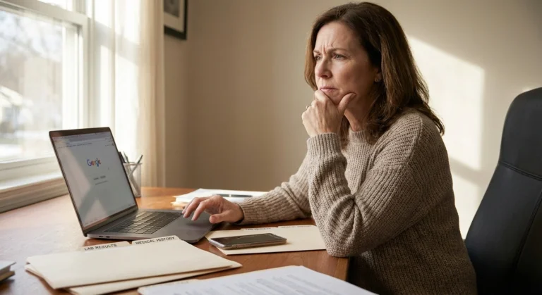 Person reviewing neuropathy medical records at home desk contemplating whether to seek a second opinion