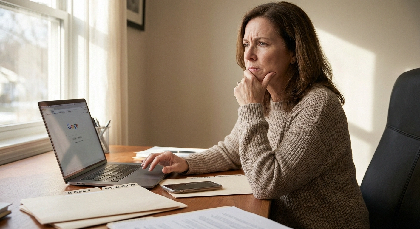 Person reviewing neuropathy medical records at home desk contemplating whether to seek a second opinion