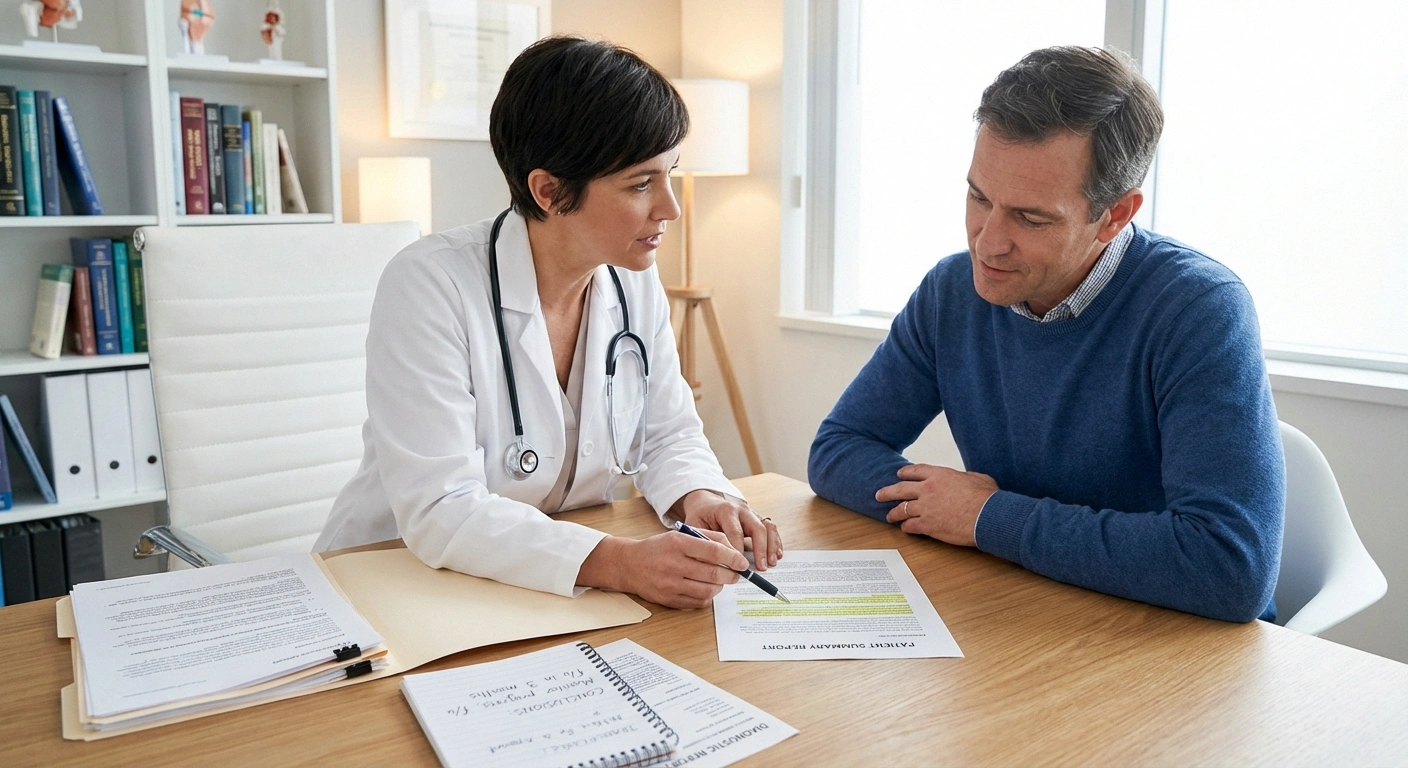 Patient and neurologist specialist reviewing a detailed second opinion summary report together during a consultation