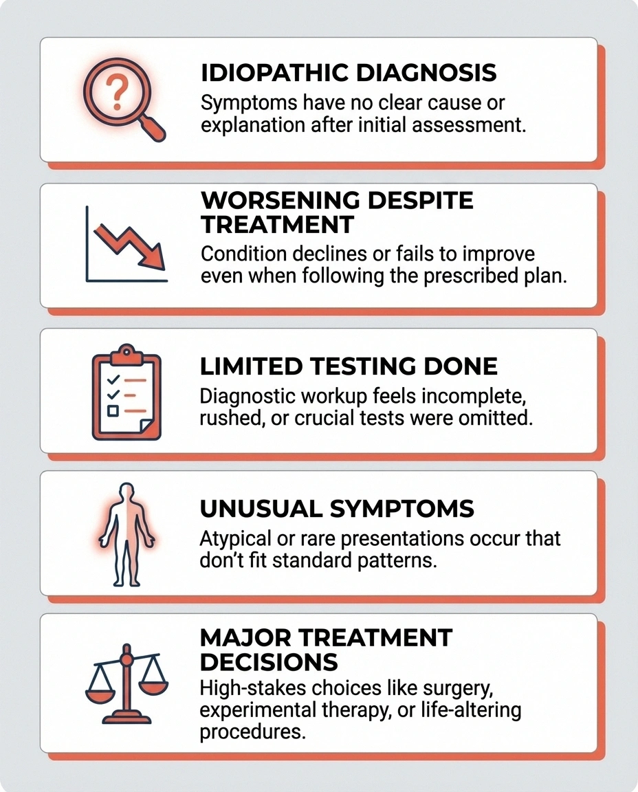 Infographic showing five scenarios when seeking a neuropathy second opinion is warranted