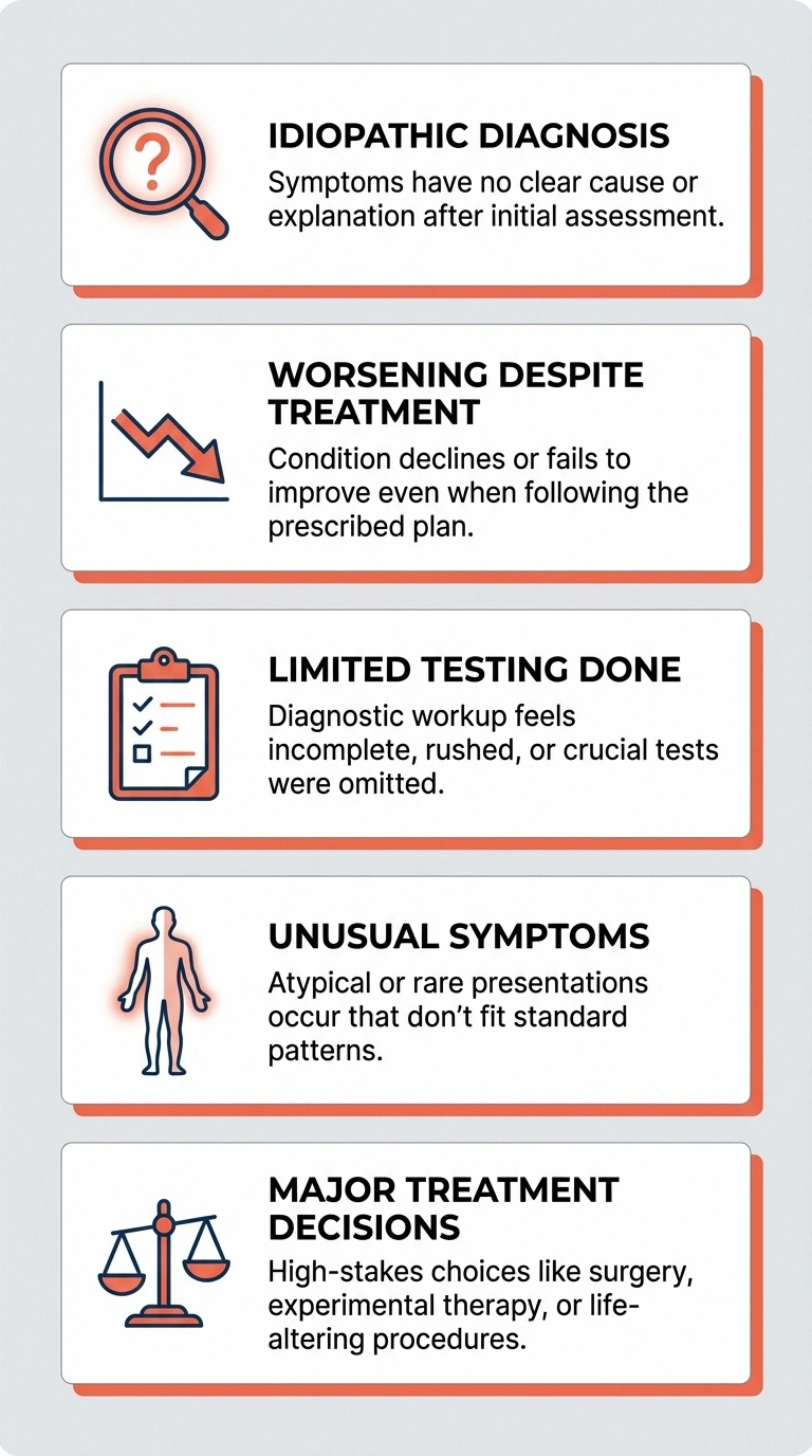 Infographic showing five scenarios when seeking a neuropathy second opinion is warranted