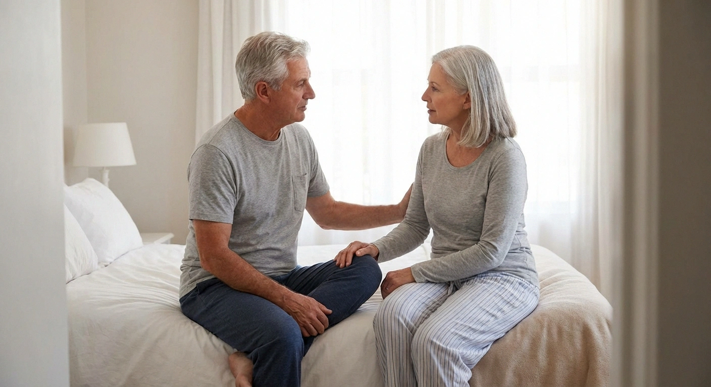 Mature couple in calm bedroom conversation, soft natural light, non-explicit
