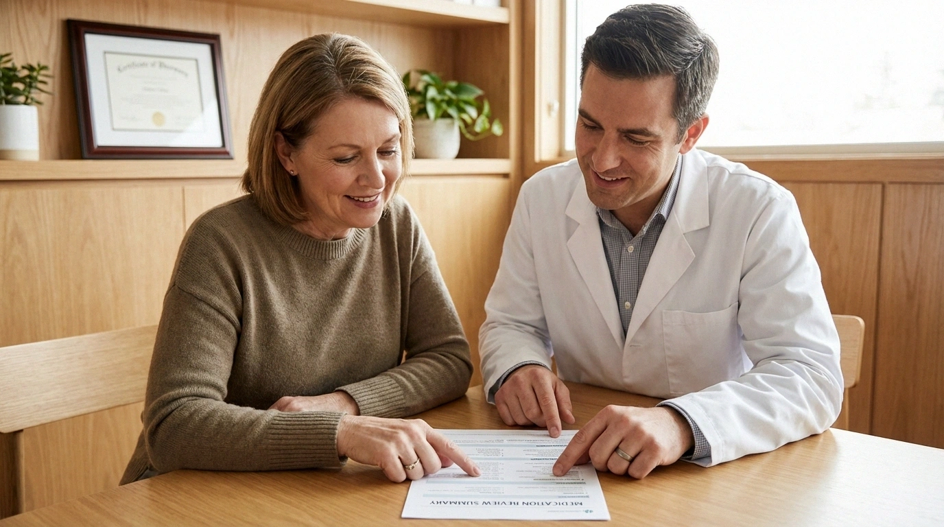 Person reviewing medication list with pharmacist to identify neuropathy sexual side effects