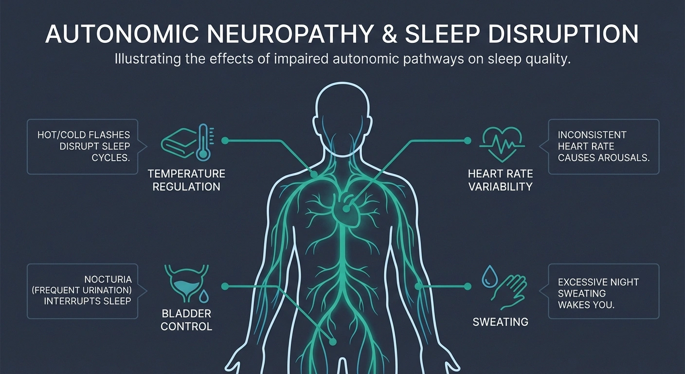 Diagram of autonomic nervous system and how autonomic neuropathy disrupts sleep regulation