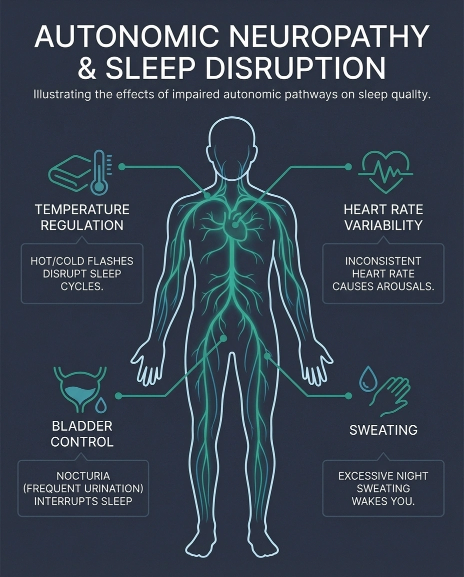 Diagram of autonomic nervous system and how autonomic neuropathy disrupts sleep regulation