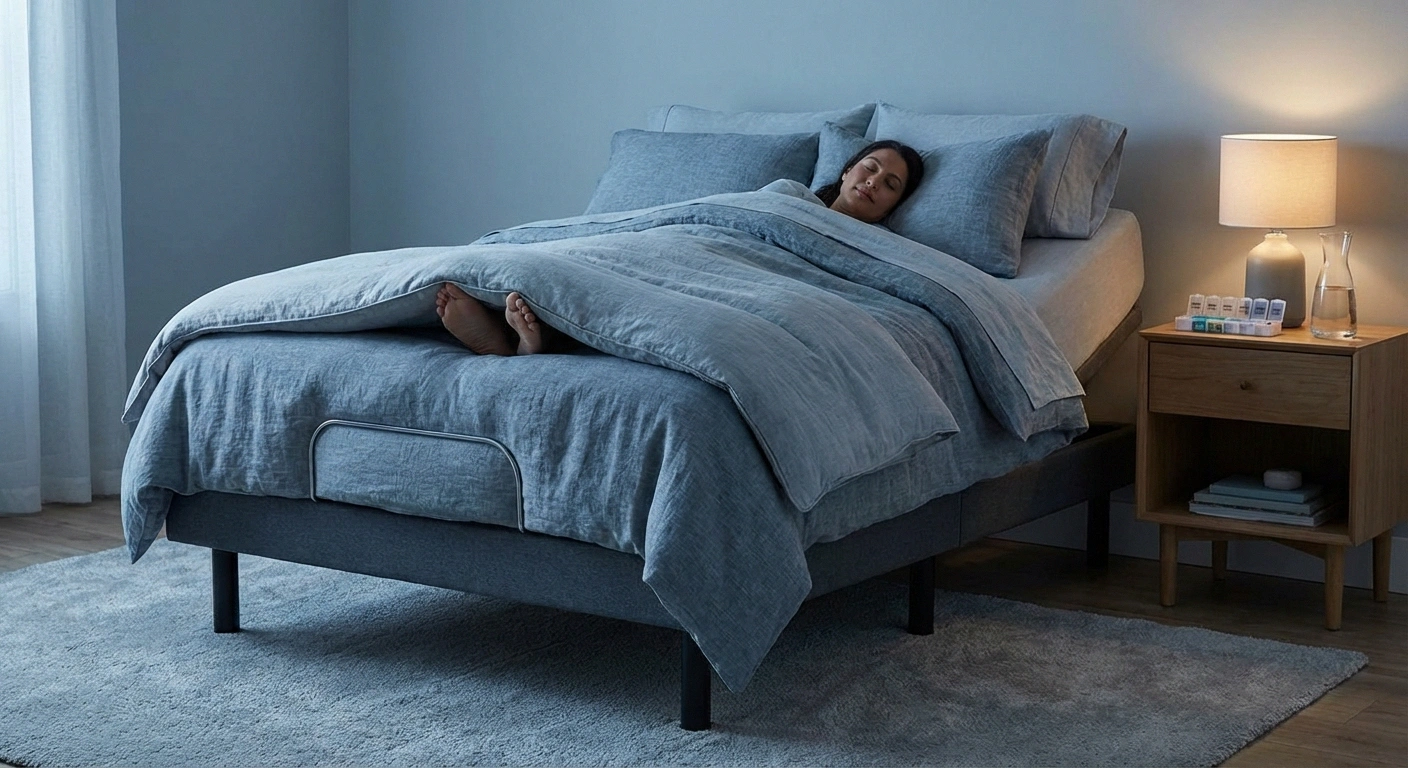 Optimized bedroom setup for sleeping with neuropathy showing bed cradle temperature controls and supportive bedding