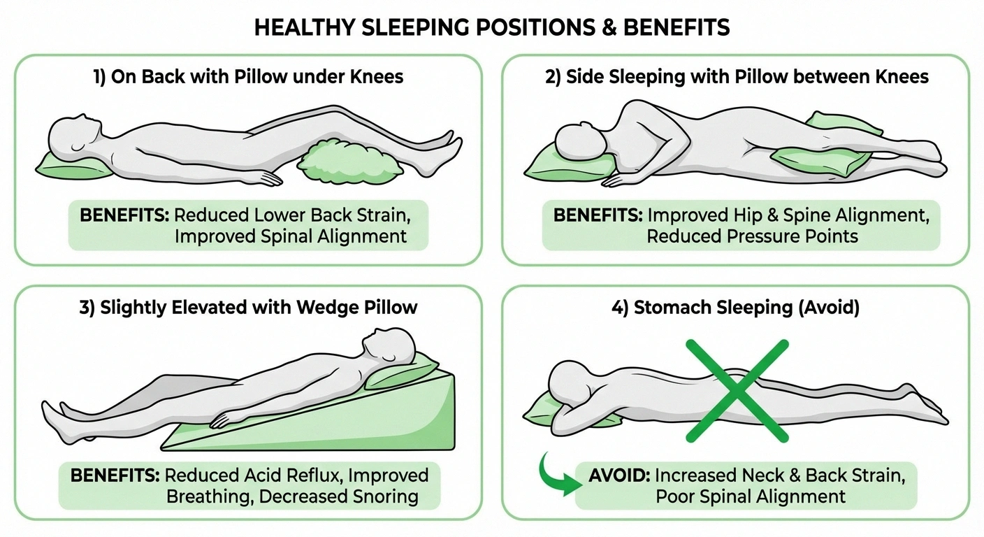 Best sleeping positions for neuropathy showing back and side sleeping with proper pillow placement