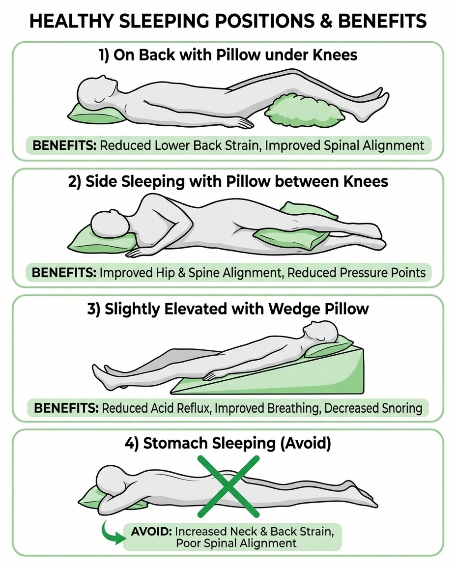 Best sleeping positions for neuropathy showing back and side sleeping with proper pillow placement