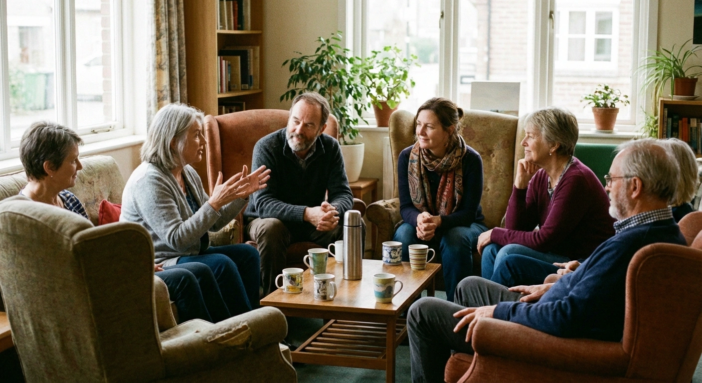 Warm photograph of a small group of adults (mixed ages, 50-75) sitting in a circle in a bright community room, having a supportive conversation. One person is speaking while others listen with empathetic expressions. Comfortable, informal setting with coffee cups visible.