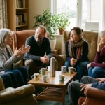 Small group of adults in a neuropathy support group meeting, sharing experiences in a bright community room